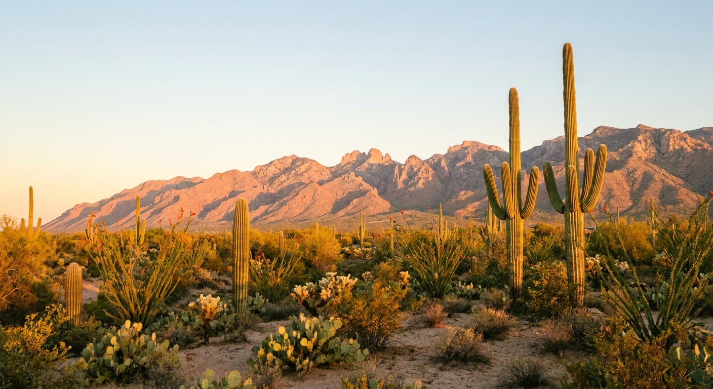 Santa Catalina Mountains at sunrise in Tucson, Arizona with saguaro cacti and desert landscape