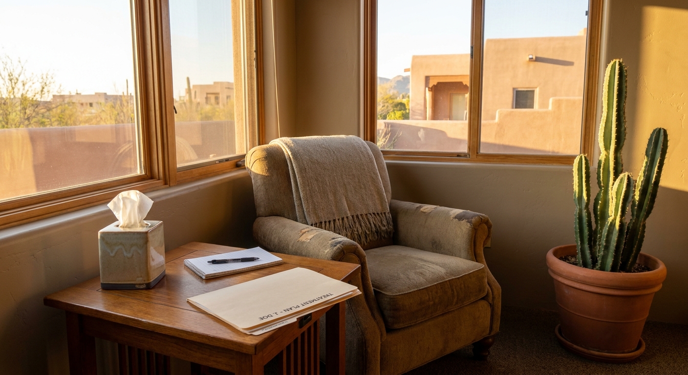 Empty therapy room in Tucson with armchair, treatment plan folder, and natural desert light preparing for evidence-based addiction counseling session