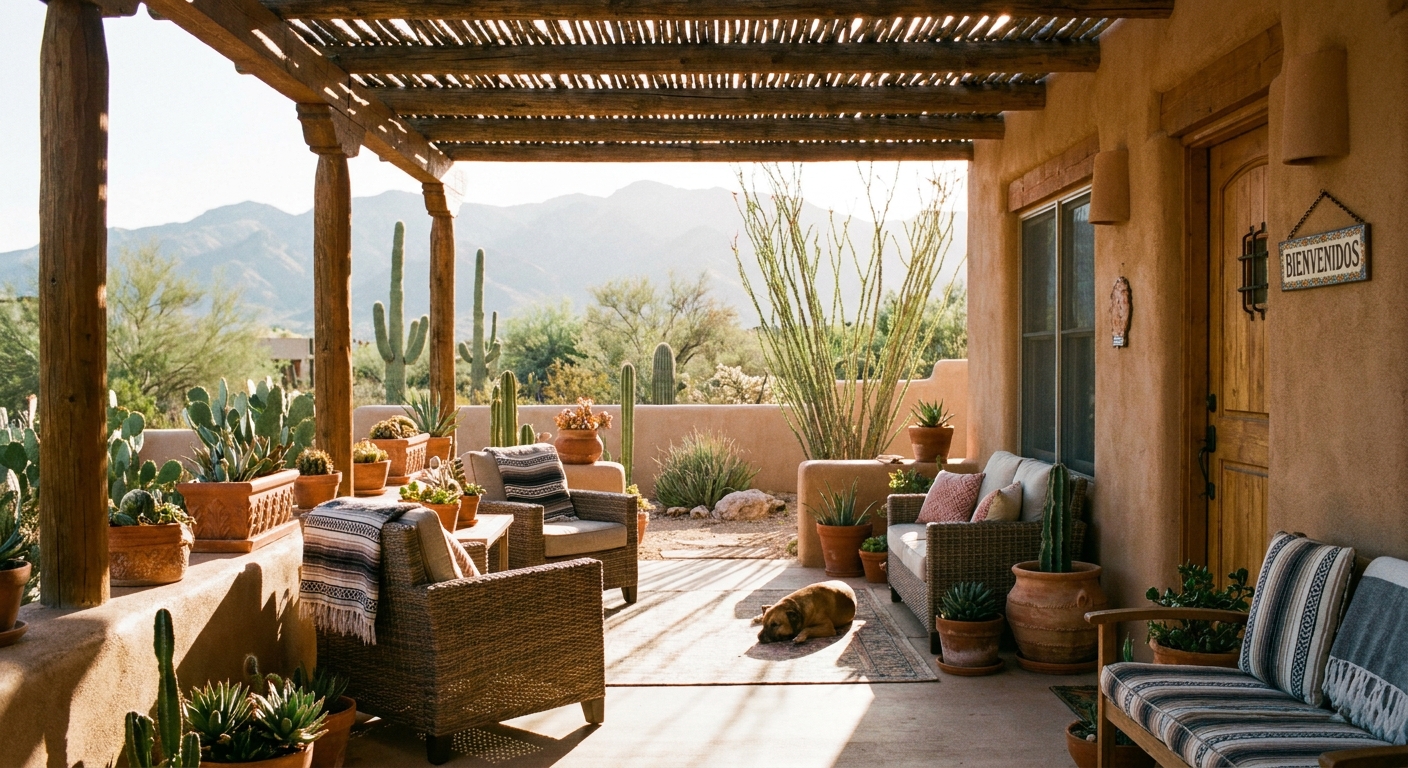 Welcoming covered porch of a Tucson sober living home with desert landscaping and mountain views