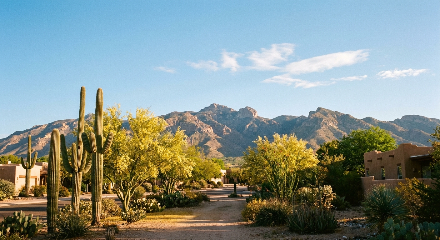 Santa Catalina Mountains viewed from a Tucson residential area with desert landscaping and saguaro cacti under morning light