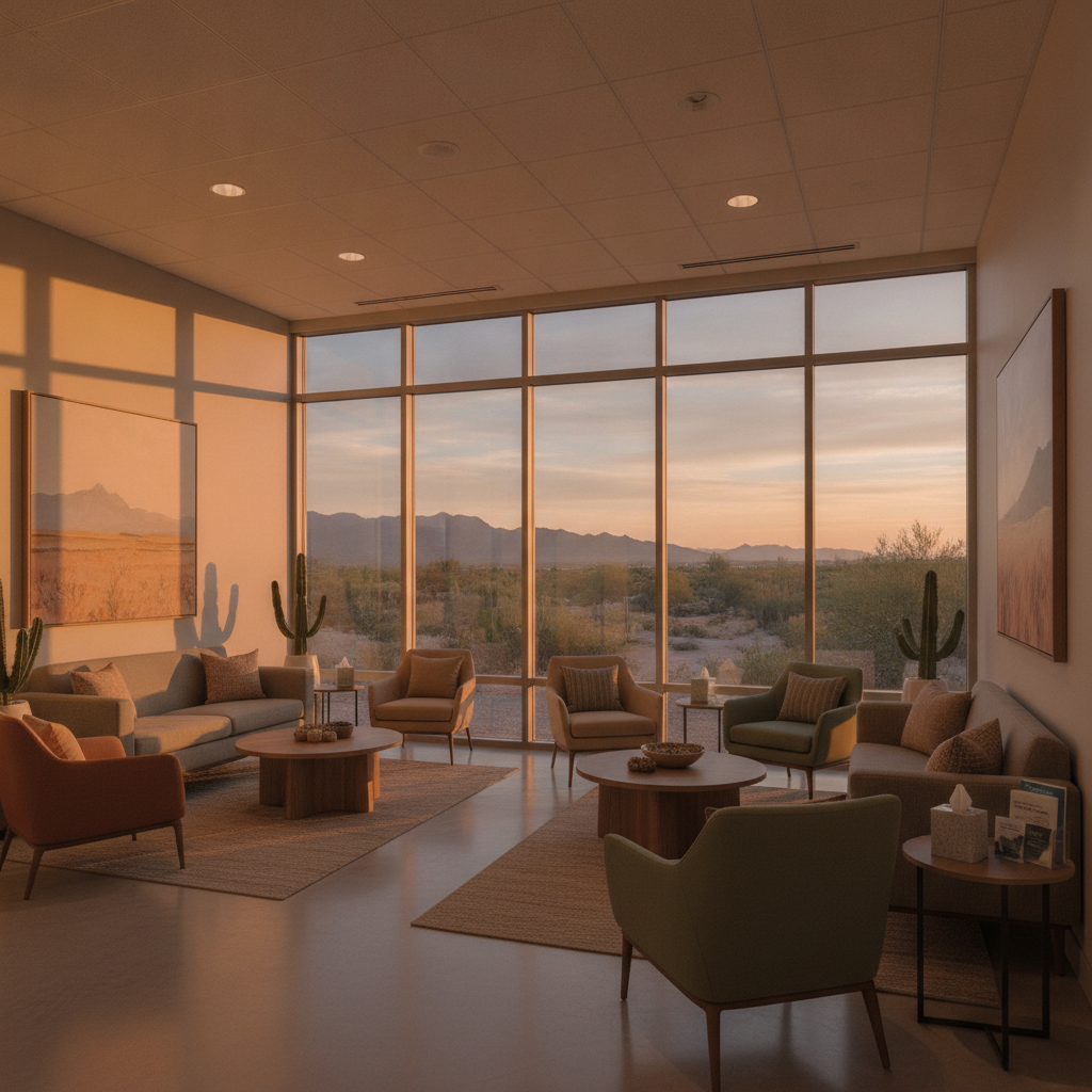 Welcoming consultation room in a Tucson treatment facility with mountain views and natural lighting