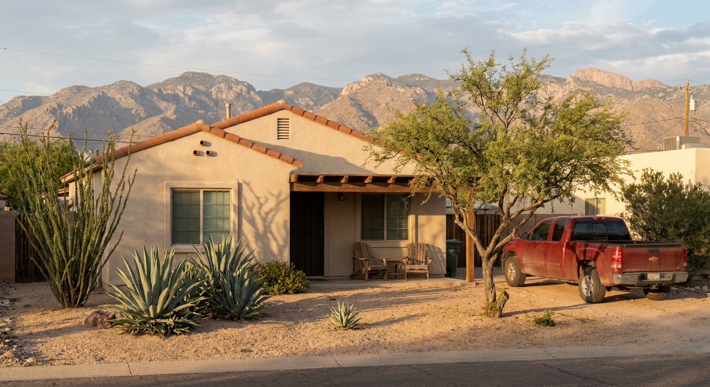 Single-story residential home with desert landscaping in a Tucson neighborhood, representing stable transitional housing for addiction recovery