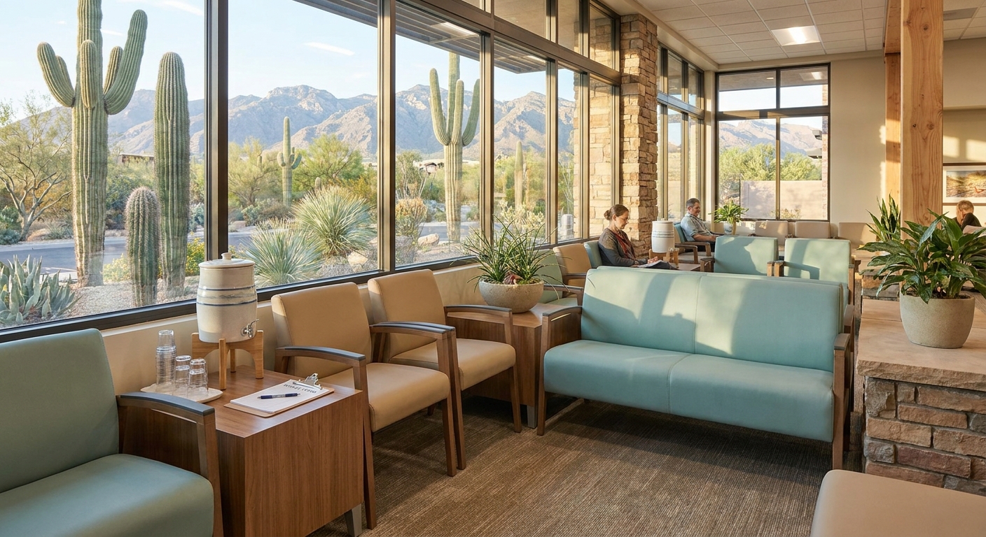 Welcoming intake waiting area at a Tucson outpatient treatment center with mountain views and desert landscape visible through windows