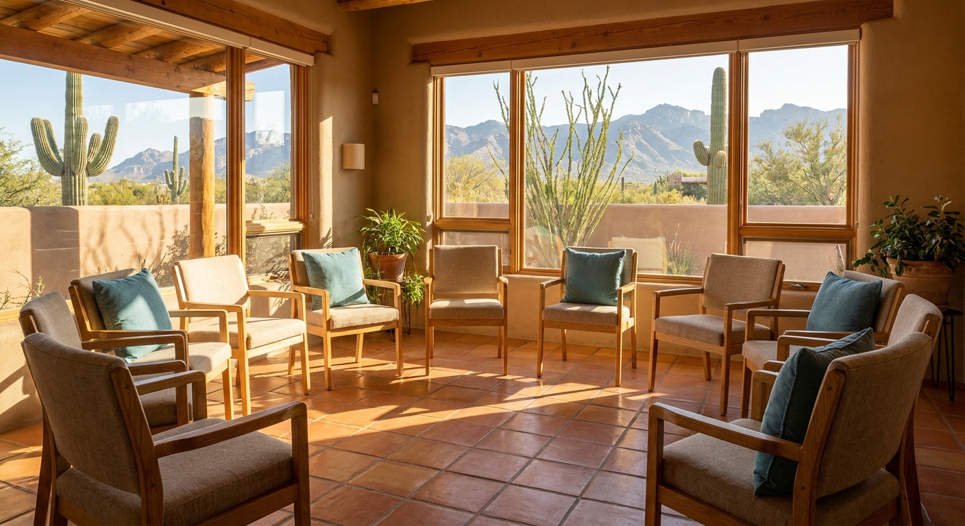 Empty therapy chairs arranged in a circle in a sunlit treatment center room in Tucson, Arizona, with desert mountain views visible through windows