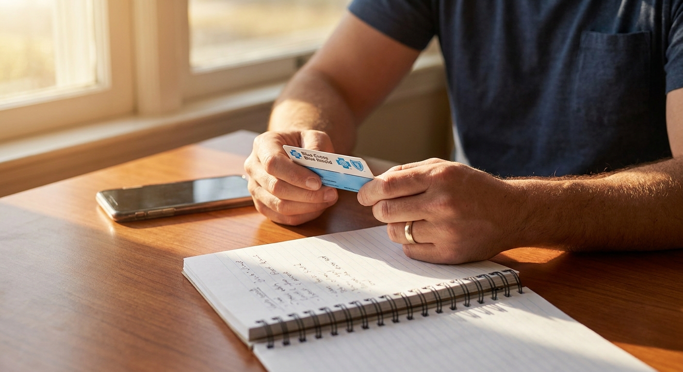 Person holding Blue Cross Blue Shield insurance card at desk with phone and notepad, preparing to verify addiction treatment benefits
