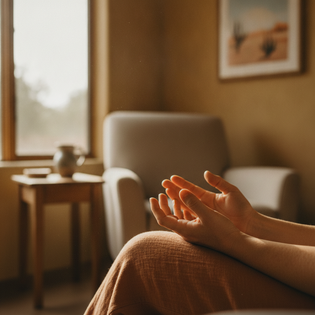 Person's hands resting calmly in lap during a quiet moment in a Tucson counseling room, showing physical signs of tension releasing