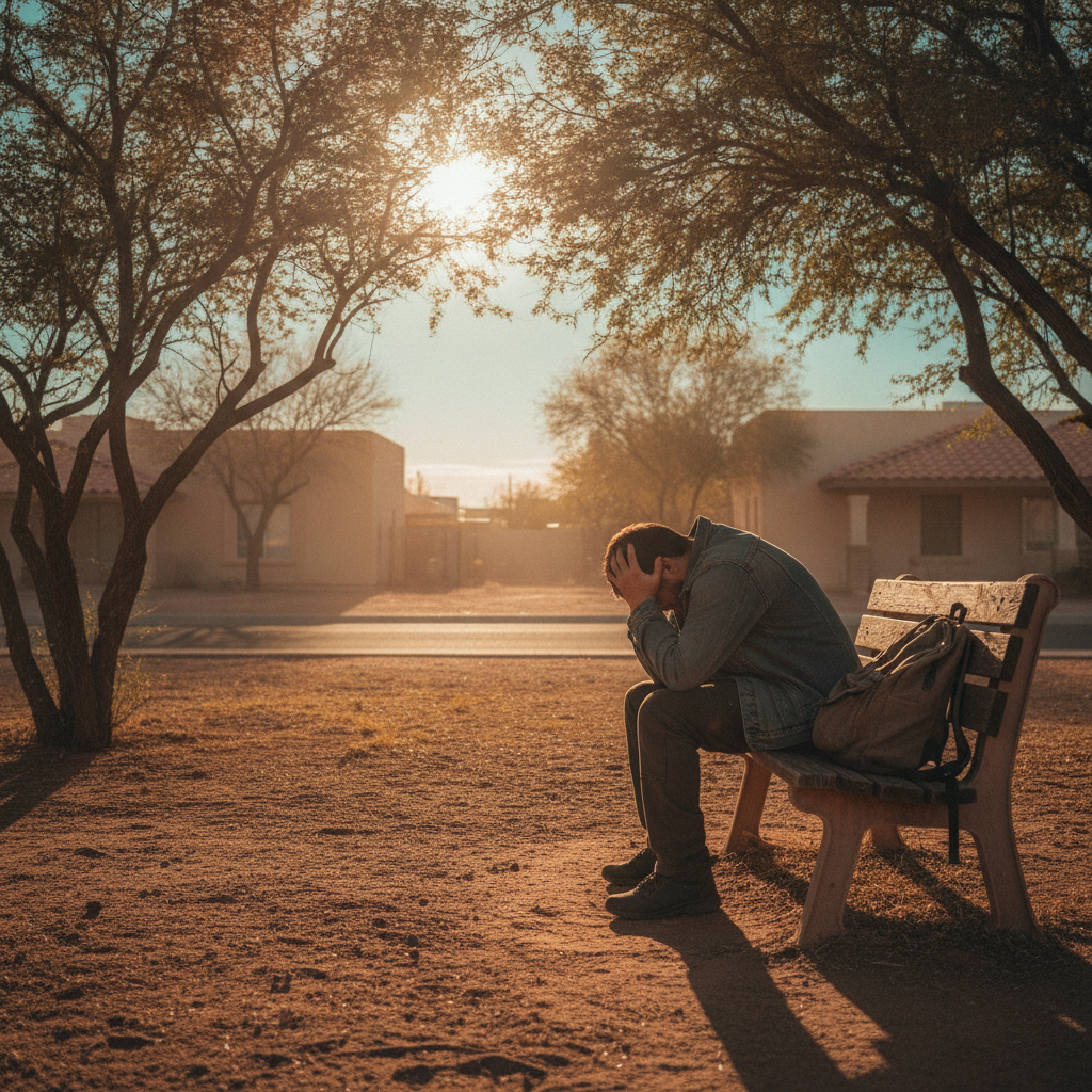 Person sitting alone on bench in Tucson showing moment of anxiety and struggle with head in hands