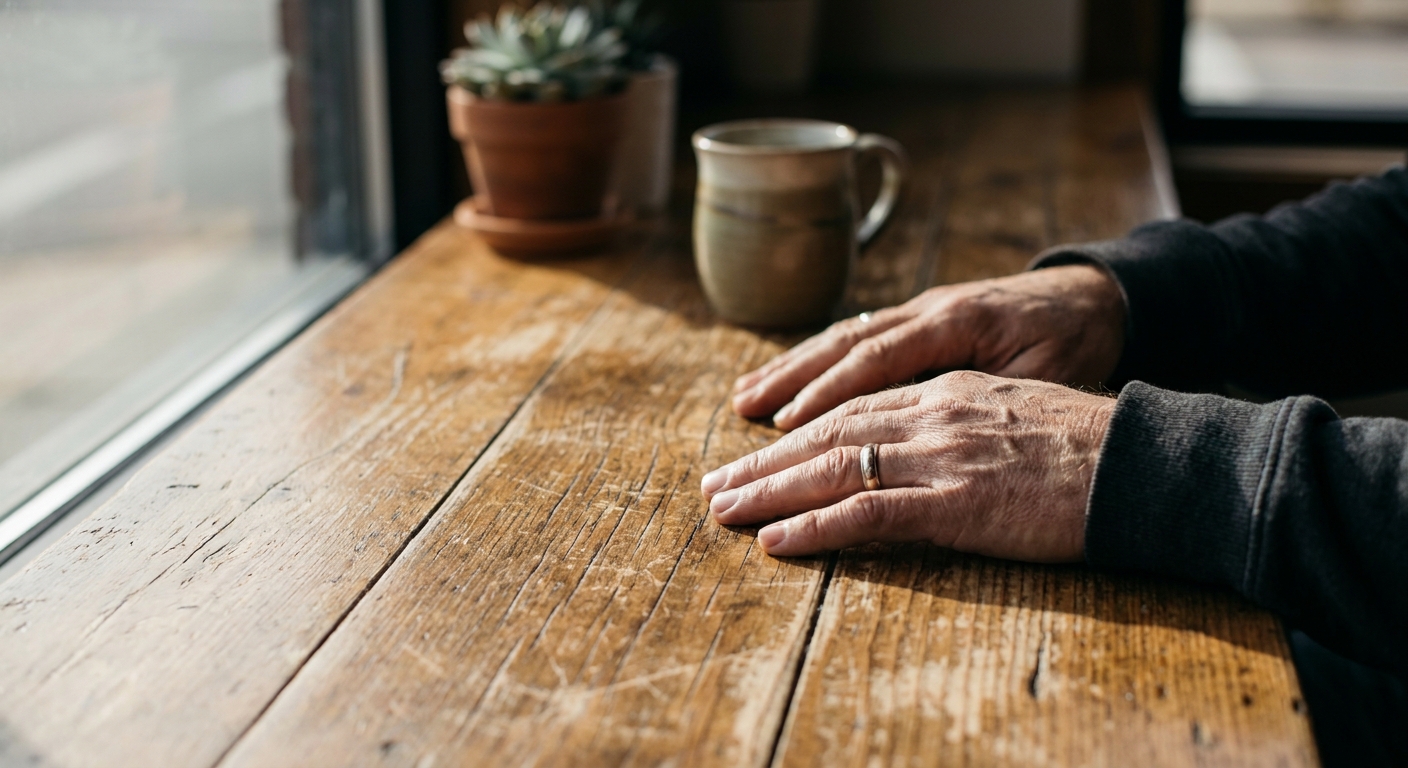 Person's hands resting on wooden table in natural light, illustrating grounding and present-moment awareness